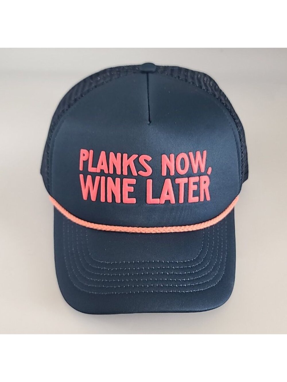 Anthropologie Daily Practice Trucker Hat Cap PLANKS NOW WINE LATER Navy NWOT